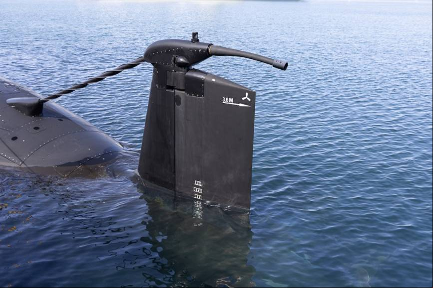 Detalle de parte del sistema del sonar remolcado de largo alcance o TAS (Towed Array Sonar) sobre uno de los timones del